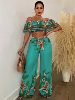 Printed Off Shoulder Top Wide Leg Pants Sets