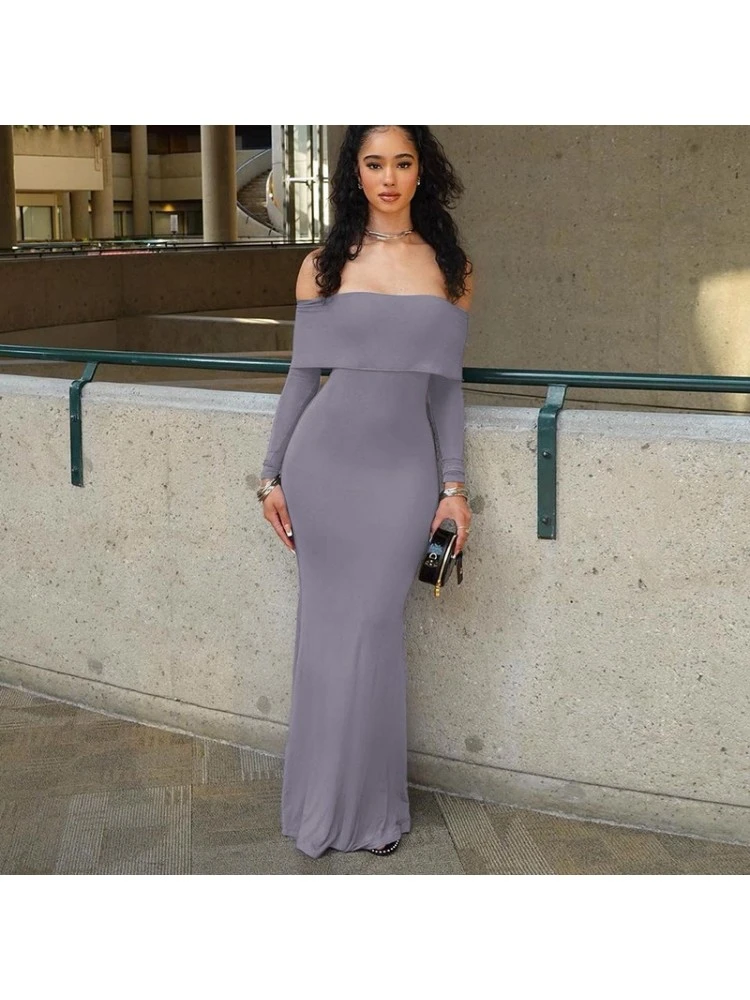 Gray Tight Off Shoulder Long Sleeve Dress - Image 2