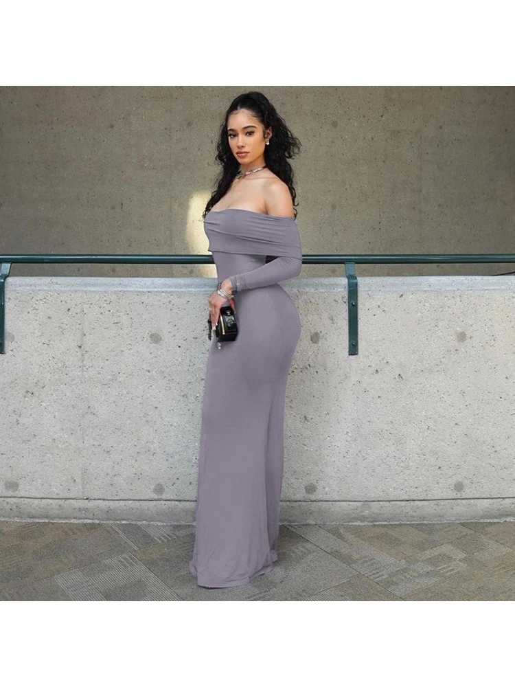 Gray Tight Off Shoulder Long Sleeve Dress - Image 3