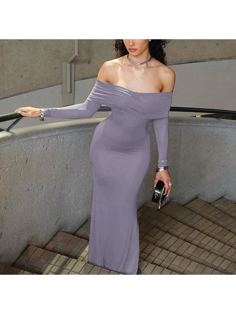 Gray Tight Off Shoulder Long Sleeve Dress - Image 4