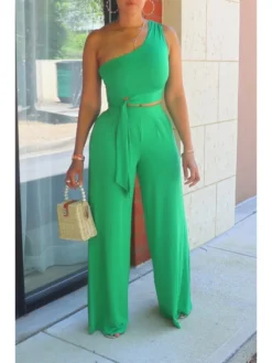 Casual One Shoulder 2-Piece Trouser Set