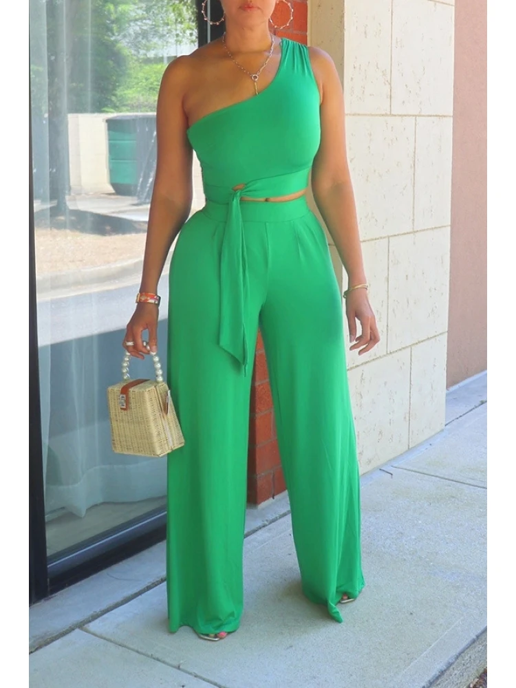 Casual One Shoulder 2-Piece Trouser Set