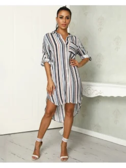 Women's Casual Striped Printing Loose Long Shirt Dress