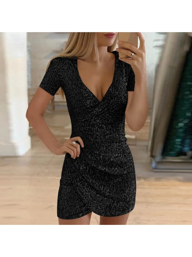 Sexy Deep V Neck Sequin Short Sleeve Dress