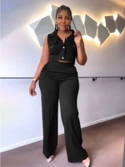 Casual Vest High Waist Straight Leg Pants Sets