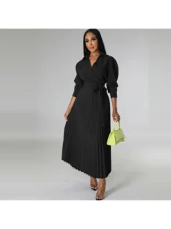 Casual Pleated Long Sleeve Maxi Dress