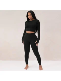 Pure Color Sports Long Sleeve Top 2pc Pants Sets