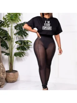 Letter Gauze Patchwork T Shirts 2pc Pants Sets