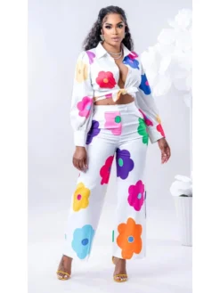 Flower Printing Blouse 2pc Pants Sets