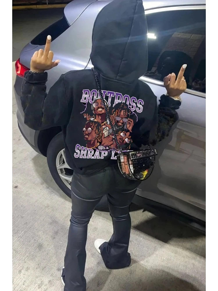 Letter Printed Casual Hooded Women's Pocket Sweatshirt - Image 3