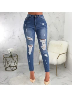 Fall Fashion Mid Waist Ripped Denim Pants