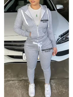 Zipper Printed Hoodie Two-piece Set