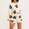 Fall Flowers Printed Knit Long Sleeve Shorts Sets