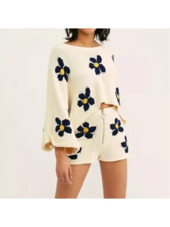 Fall Flowers Printed Knit Long Sleeve Shorts Sets
