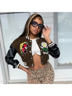 PU Patchwork Embroidery Blocking Color Baseball Jacket