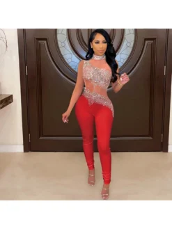 Sleeveless Hot Drilling Perspective Jumpsuit