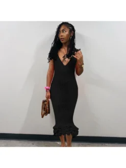 Solid Color Spaghetti Strap Backless Wooden Ear Edge Knitted Slim Fit Long Dress