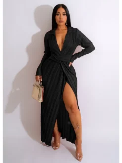 V Neck Pleated Split Hem Lapel Dress
