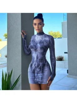 Floral Print Slim Fit Round Neck Long Sleeve Wrap Hip Dress