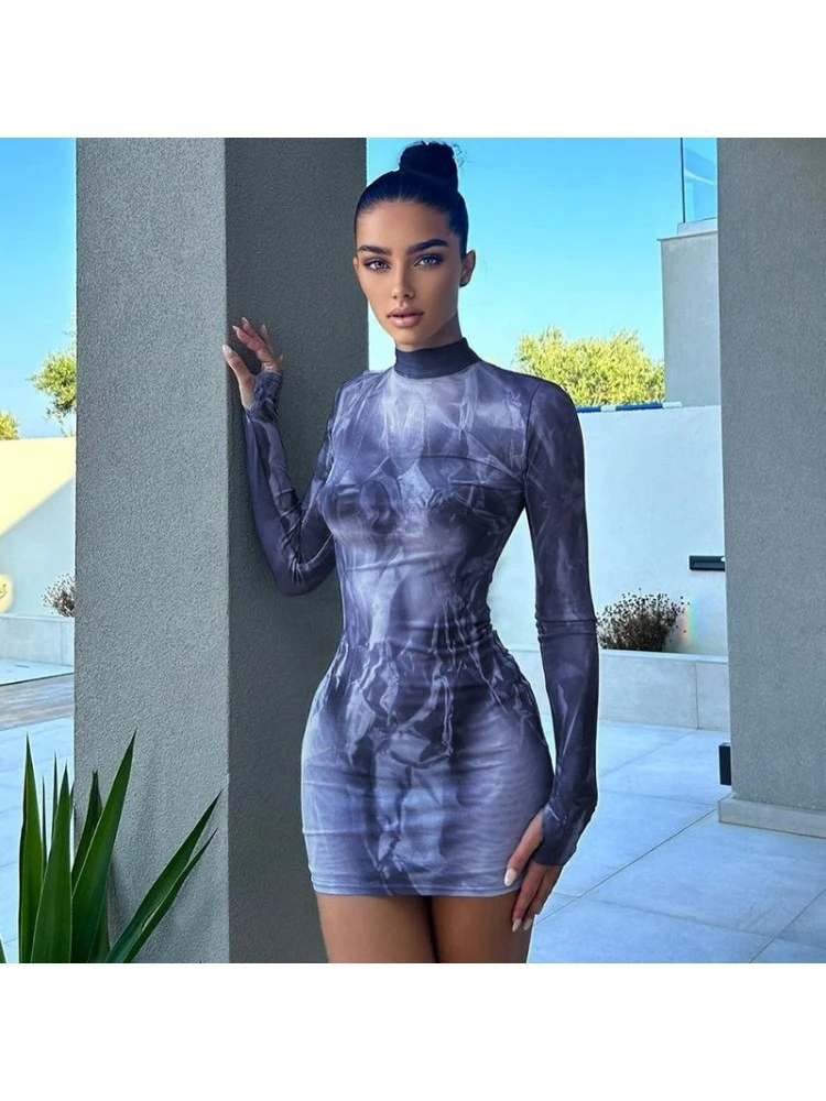 Floral Print Slim Fit Round Neck Long Sleeve Wrap Hip Dress