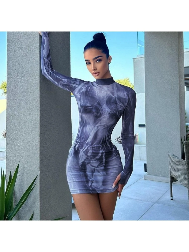 Floral Print Slim Fit Round Neck Long Sleeve Wrap Hip Dress - Image 2