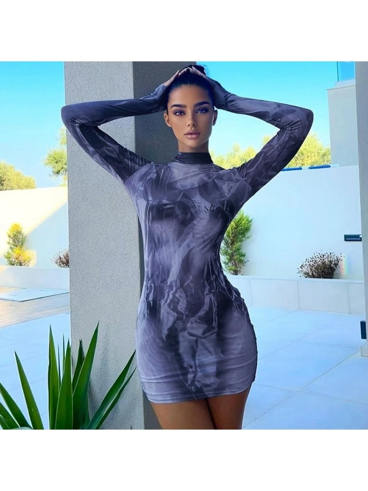 Floral Print Slim Fit Round Neck Long Sleeve Wrap Hip Dress - Image 3