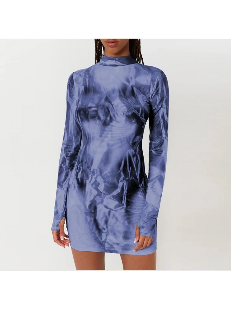 Floral Print Slim Fit Round Neck Long Sleeve Wrap Hip Dress - Image 5