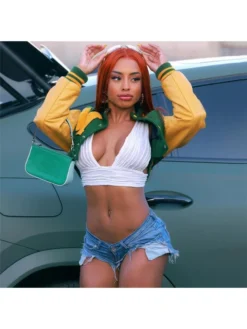 Embroidered Letter Button Long Sleeve Slim Fit Jacket