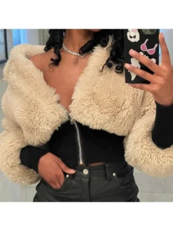 Zipper V Neck Lamb Wool Slim Fit Jacket