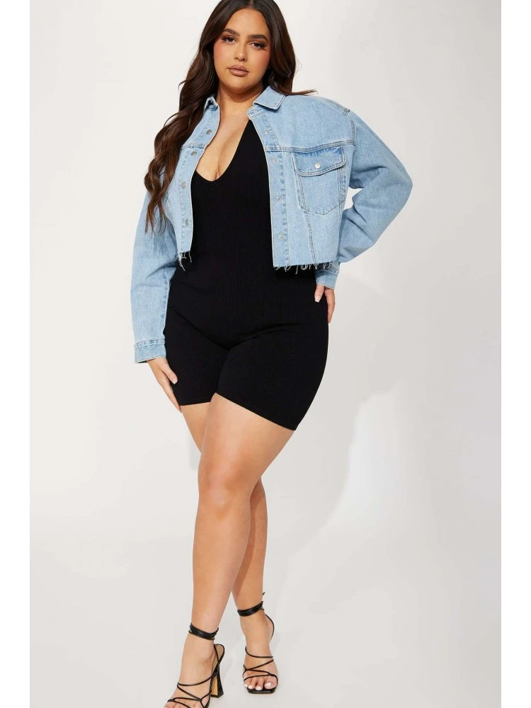 Pure Color Raged Hem Denim Jacket - Image 2