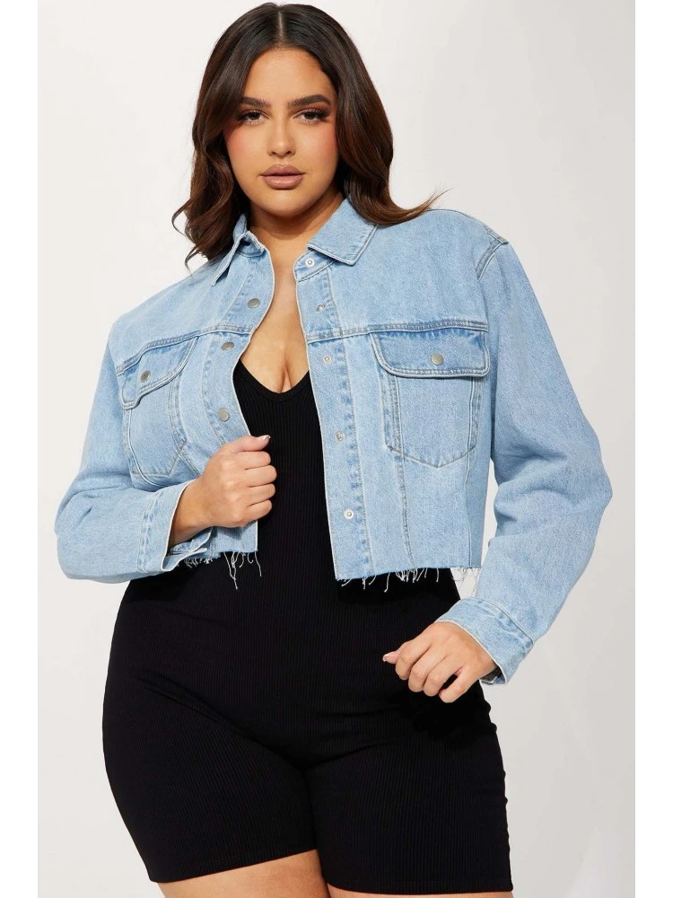 Pure Color Raged Hem Denim Jacket - Image 3