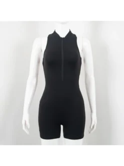 Sleeveless Round Neck Backless Solid Color Short Jumpsuit