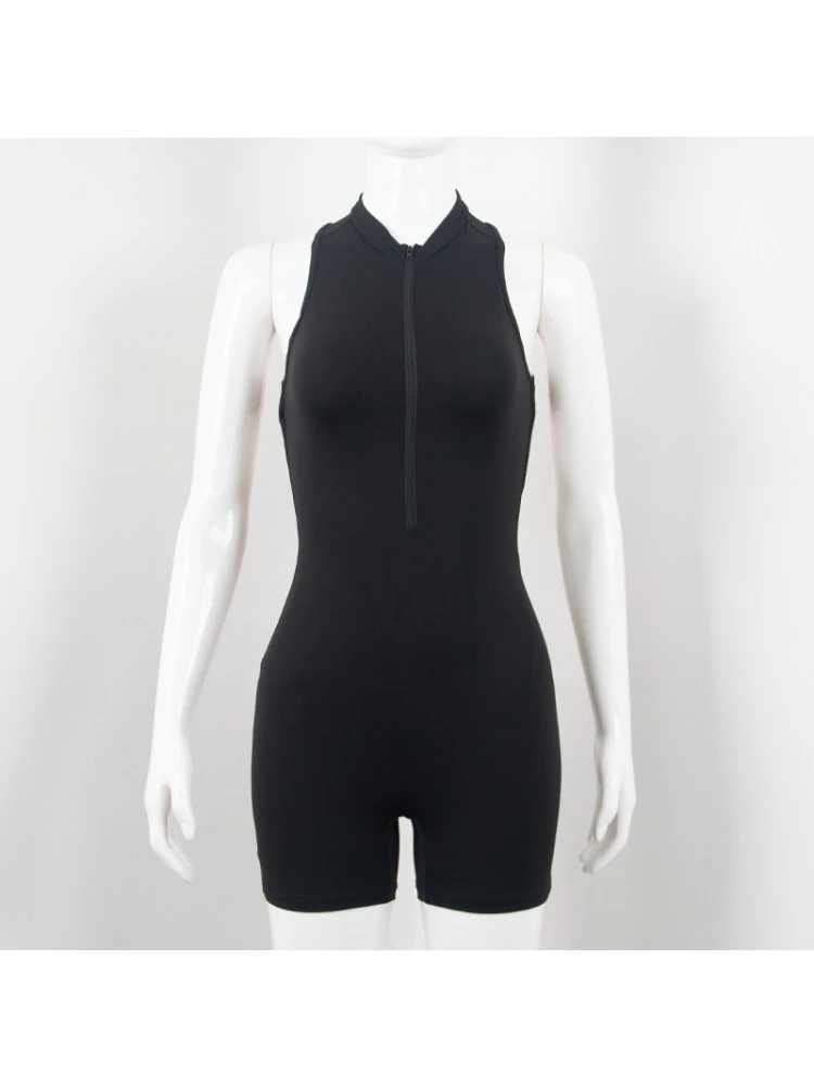 Sleeveless Round Neck Backless Solid Color Short Jumpsuit