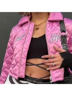 Letter Embroidered Turn Down Collar Zipper Short Cotton Jacket