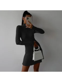 Long Sleeve Solid Color Knitted Wrap Hip Dress