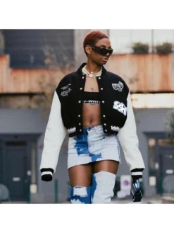 Contrast Letter Printed Single Breasted Long Sleeve Baseball Jacket