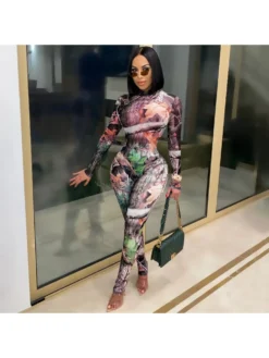 Round Neck Long Sleeve Printed Jumpsuit