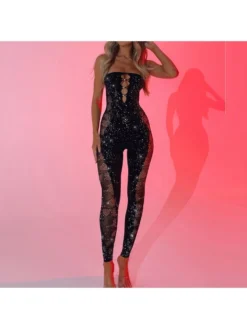 Sexy Mesh Hot Drilling Strapless Jumpsuits