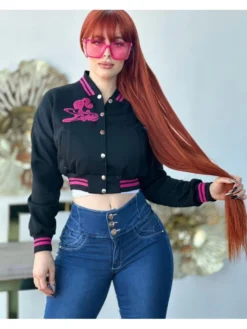 Magenta Embroidery Single Breasted Cropped Jacket