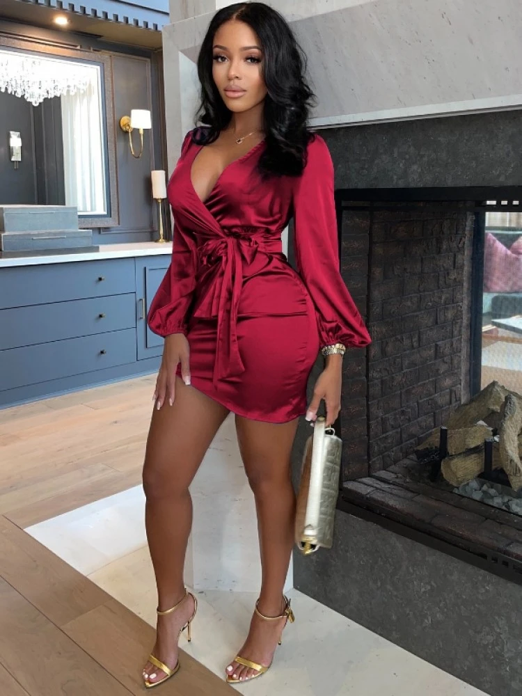 Plain Color V Neck Long Sleeve Tie Up Wrap Hip Dress - Image 2