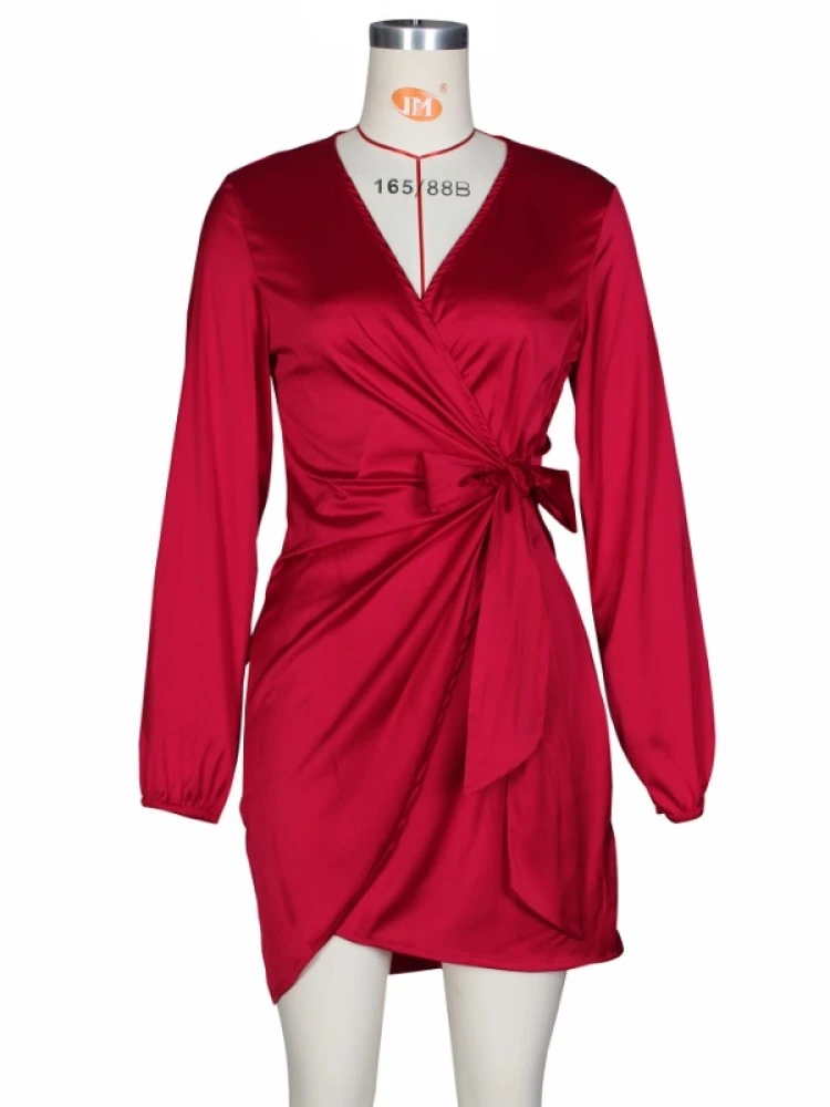 Plain Color V Neck Long Sleeve Tie Up Wrap Hip Dress - Image 4