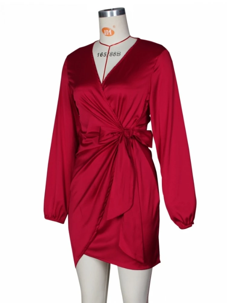 Plain Color V Neck Long Sleeve Tie Up Wrap Hip Dress - Image 5