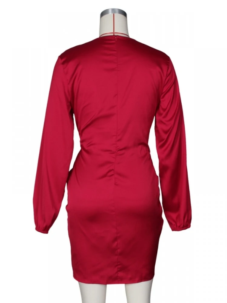 Plain Color V Neck Long Sleeve Tie Up Wrap Hip Dress - Image 6