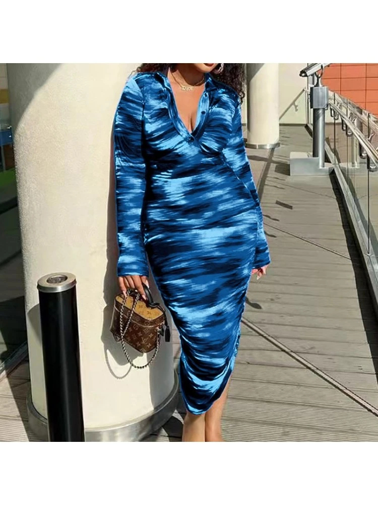 Single Breasted Tie Dye Skinny Long Sleeve Dress