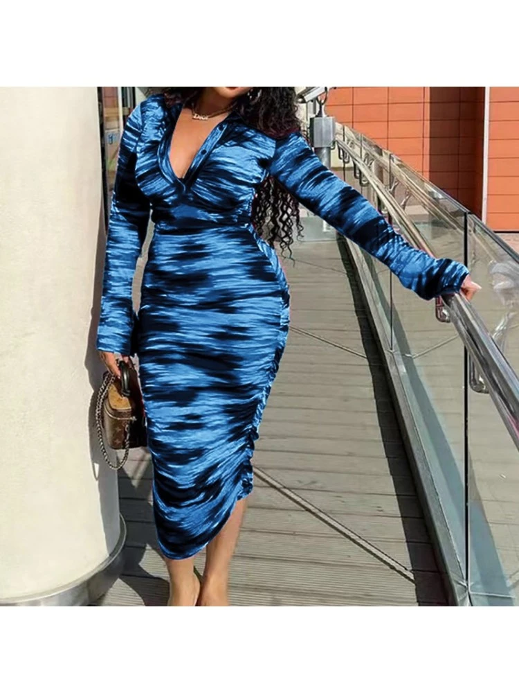 Single Breasted Tie Dye Skinny Long Sleeve Dress - Image 2