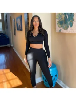 Fall Solid Crop Top 2pc Pants Sets