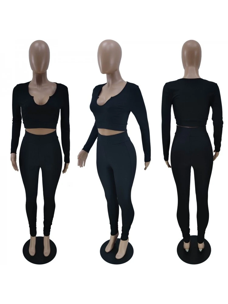 Fall Solid Crop Top 2pc Pants Sets - Image 2