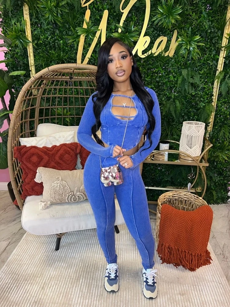 Solid Color Crew Neck Bodycon Trouser Sets