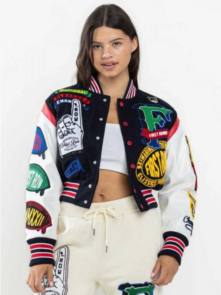 Letter Pattern Round Neck Cropped Jackets