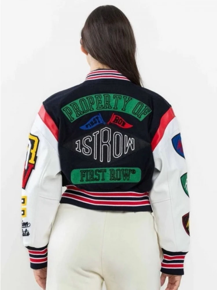 Letter Pattern Round Neck Cropped Jackets - Image 2